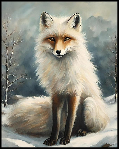 Posterizer 1 pcs-white arctic fox in snowy winter scene-oil painting style 9-Art for Animal Lovers-Landscape & Nature Art-Decor for Home & Office-...