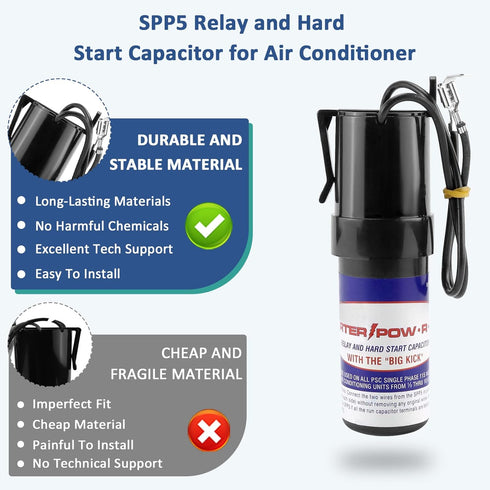 SPP5 Hard Start Capacitor for Air Conditioner,Increases Compressor Starting Torque 300% AC115V-288V from 4,000 BTU Window Units to 120,000 BTU Com...