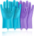2 Pairs of Dishwashing Gloves, Kitchen Gloves for Washing Dishes, Reusable Silicon Gloves for Cleaning, 13.6 inches Purple and Blue Medium Dish Wa...