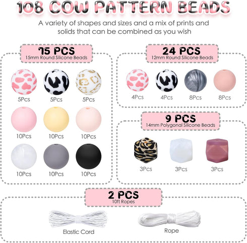 15mm Silicone Bead, Transfer Prints Leopard Silicone Beads & Cow Print Silicone Beads, 108 Silicone Beads for Keychain Making & DIY Jewelry Suppli...