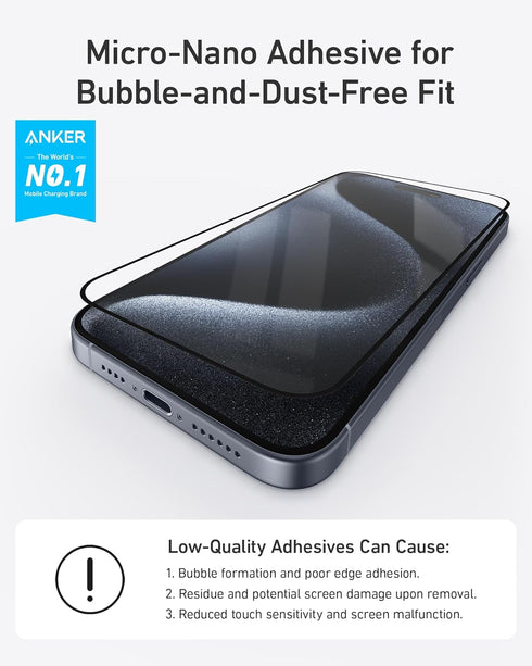 Anker Screen Protector for iPhone 15 Pro, Bubble-and-Dust-Free iPhone HD Tempered Glass, Durable and Drop-Proof with 9H Hardness, Easy Installatio...
