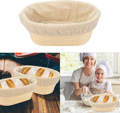 2 PCS 8 inch Oval Long Banneton Brotform Bread Dough Proofing Rising Rattan Basket & Liner for Professional & Home Bakers...
