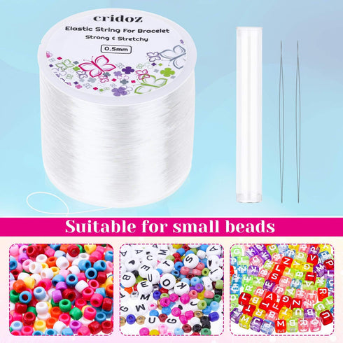 Stretchy String for Bracelets, Cridoz 0.5mm Clear Elastic String Stretch Cord Bracelet String with 2 Pcs Beading Needles for Seed Beads, Pony Bead...