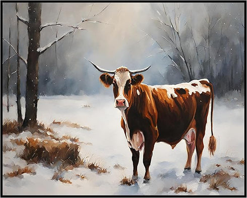 Posterizer 1 pcs-cute cow in snowy winter scene-oil painting style-2-Art for Animal Lovers-Landscape & Nature Art-Decor for Home & Office- unframe...