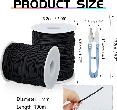 FIVEIZERO 2 Rolls Black Elastic Bracelet String Total 330 Feet,1mm,1.2mm,1.5mm Elastic Beading Cord Stretchy String with Scissors and Beading Need...