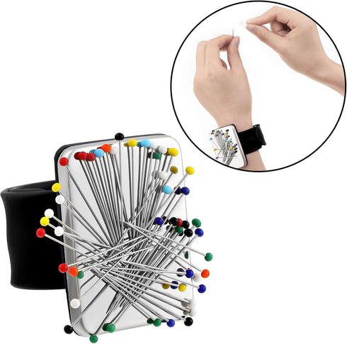 Magnetic Wrist Sewing Pincushion with 100 Pieces 1.5 Inch Ball Head Sewing Pins Set Wrist Magnetic Pin Holder Gift Supplies(Black)...