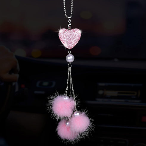 Wisdompro Bling Car Rear View Mirror Hanging Accessories for Women, Rhinestone Diamond Love Heart, Imitation Pearl and Pink Plush Ball Car Rearvie...