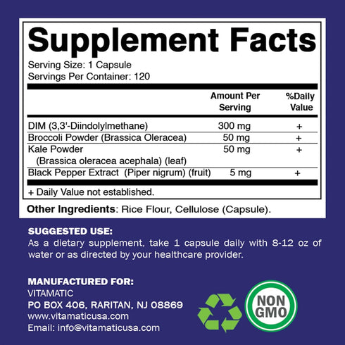 Vitamatic DIM Supplement Complex for Women & Men - 300mg - 120 Veg Capsules - Made with Black Pepper, Broccoli Powder & Kale Powder - Non-GMO & Gl...