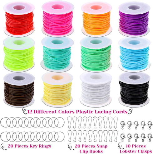 Lanyard String, Cridoz Gimp String Kit with 12 Rolls Plastic Lacing Cord, 20 Pcs Snap Clip Hooks, 20Pcs Key Chain Ring Clips, 10 Pcs Lobster Clasp...