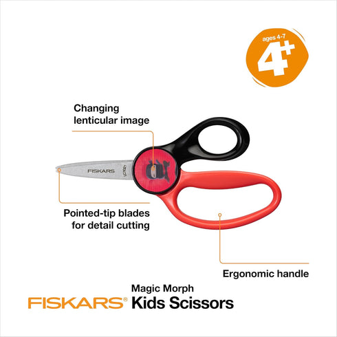 FISKARS® Magic Morph Kids Scissors - Image Moves when Tilted - Pointed-tip for Ages 4+ - Fun Ninja Design - Back to School Supplies...