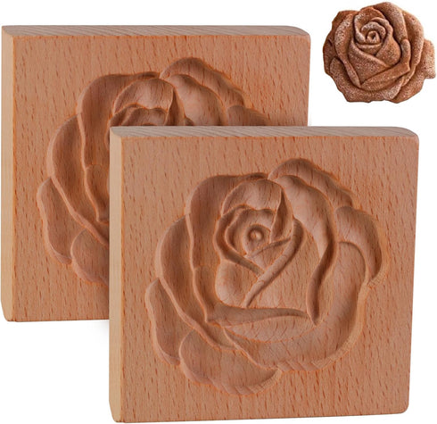 2 Pcs Wooden Cookie Cutter Embossing Mold - Rose Cookie Mold, Rose Cookie Stamp, 3D Carved Wooden Cookie Molds, Cookie Stamps for Baking Cookies D...