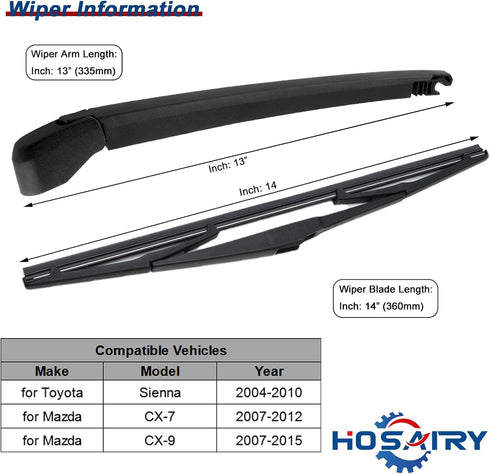 Rear Wiper Arm Blade Set for Toyota Sienna 2004-2010, for MAZDA CX7 CX9 2007-2015 Rear Windshield Wiper Arm Blade Assembly 85241AE010 EG2167421...