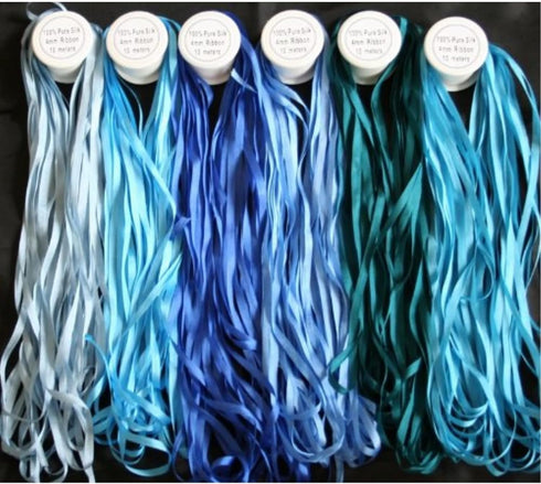 New 7mm Size ThreadNanny 6 Spools of 100% Pure Silk Ribbons - Blue Tones - 60 Meters x 7mm...