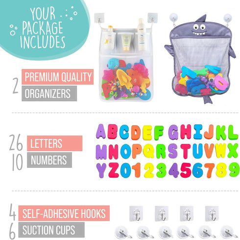 Comfylife Baby Bath Toy Organizer - Shark +36 Bath Letters & Numbers +Extra Bath Toy Storage Net & 10 Strong Hooks, Great Bath Net for Kids, Cute ...