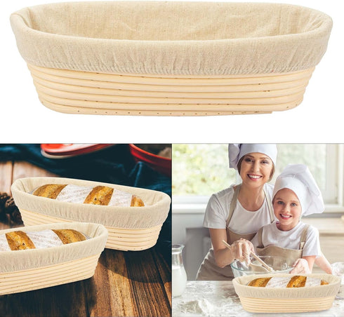 2 PCS 10 inch Oval Long Banneton Brotform Bread Dough Proofing Rising Rattan Basket & Liner for Professional & Home Bakers...