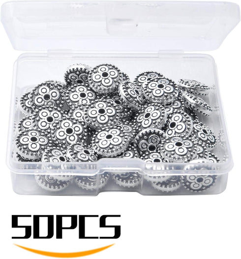 50pcs 10mm Alloy Antique Silver Spacer Bead Flower Bead Spacers European Spacers Jewelry Spacer Charms with A Box for Bracelet Necklace Jewelry Ma...