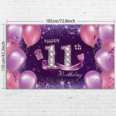 Happy Birthday Party Decorations, Large Fabric Happy 11th Anniversary Birthday Backdrop Photo Booth Background with Rope for Girls Birthday Party ...