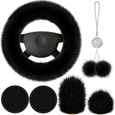 Frienda 6 Pieces Fluffy Car Accessories Set Fluffy Steering Wheel Cover Soft Fuzz Handbrake Cover Gear Shift Cover Bling Car Mirror Fuzz Car Decor...