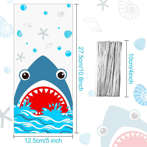 100 Pieces Shark Party Bags, 12.5 x 27.5 cm/ 4.9 x 10.8 Inch Shark Plastic Candy Bags Sea Birthday Goodie Favor with 100 Silver Twist Ties for Sum...