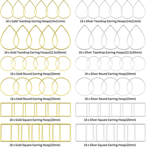 Oubaka 216pcs Beading Hoop Earrings 3 Shapes Earring Hoops Hypoallergenic Earring Finding Square Teardrop Round Earrings Beading Hoop Bulk for DIY...
