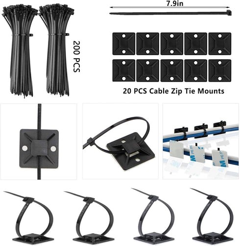 ELII 300PCS Cable Management Kit,4 Cable Sleeve 35 Cable Clips with 11Cord Holders,15+5Roll Cable Organizer Straps and 200 Fastening Cable Ties,20...