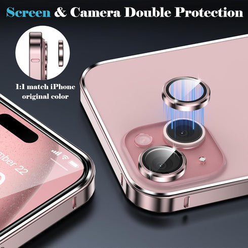 YMHML 3 in 1 Case for iPhone 15 Titanium Frame with Screen Protector and Camera Lens Protector Tempered Glass, Metal Bumper Slim Hard Straight Edg...