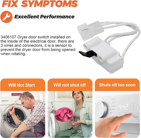 3406107 Dryer Door Switch by Beaquicy - Replacement for Whirlpool, Ken-more, Roper, Amana, Crosley Dryer (6-Pack)