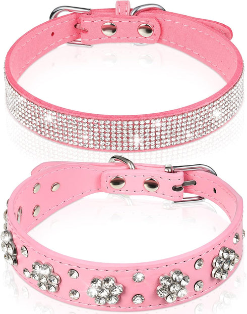 2 Pieces PU Leather Dog Collar Pink Rhinestone Pet Collar Flower Pattern Studded Dog Collar Adjustable Bling Puppy Collar PU Leather Crystal Pet C...