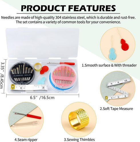 FIVEIZERO Premium Hand Sewing Needles Set,90-Count Assorted Embroidery Needles with threaders,Thread Removal Knife, Thimble,Soft Tape Measure for ...