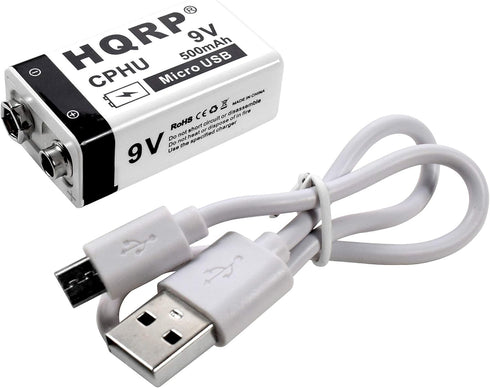 HQRP USB 9V Lithium-Ion Rechargeable Battery, High Capacity 500mAh 9-Volt, 1.5 H Fast Charge, 800 Cycle with Micro USB Cable, Radio Square 6LR61 7...