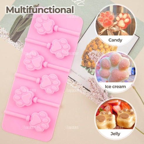 AUEAR, 2 Pack Paw Silicone Lollipops Mold with Sticks 6-Capacity Chocolate Hard Candy Cat Dog Pet Print Ice Cream Making Fondant Cupcake Topper De...