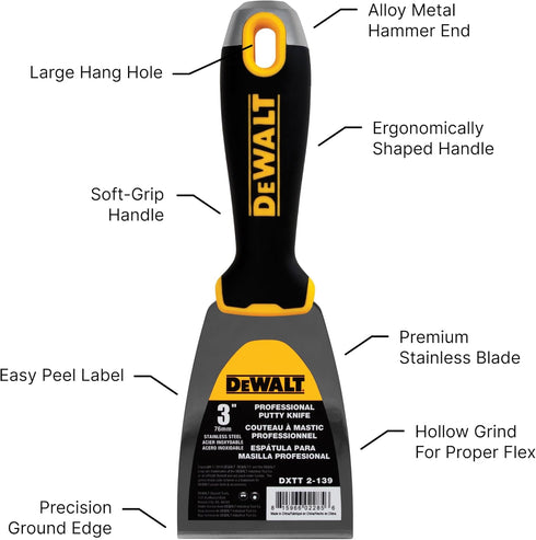 DEWALT 3" Putty Knife | Stainless Steel w/Soft Grip Handle | DXTT-2-139...