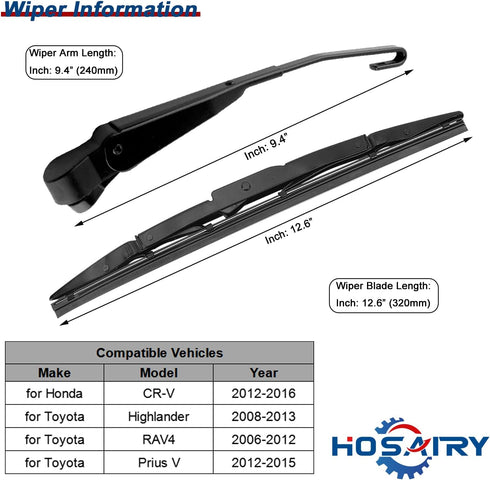 Rear Wiper Arm Blade Set for Honda CRV 2012-2016, for Toyota Highlander/Prius V / RAV4 2006-2015 Rear Windshield Wiper Arm Blade Assembly 76720-T0...