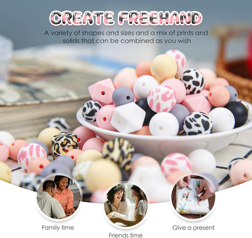15mm Silicone Bead, Transfer Prints Leopard Silicone Beads & Cow Print Silicone Beads, 108 Silicone Beads for Keychain Making & DIY Jewelry Suppli...