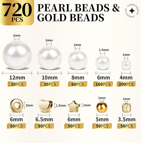 LEOBRO Pearl Beads for Bracelets, 720PCS Bracelet Making Kit for Adult, Friendship Bracelet Kits, Bracelet Bead Kits, Small Pearl Beads and Gold B...