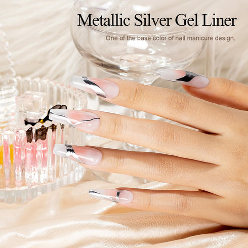 RARJSM Metallic Silver Gel Liner Nail Art 3D Mirror Chrome Effect Gel Nail Polish 8ml Build in Thin Brush Metal Painted Drawing Striper Gel Polish...