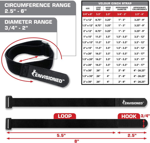 Velour Cinch Straps 3/4" x 8" - 10 Pack, Soft Touch Microfiber Reusable Hook and Loop...