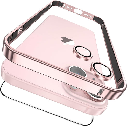 YMHML 3 in 1 Case for iPhone 15 Titanium Frame with Screen Protector and Camera Lens Protector Tempered Glass, Metal Bumper Slim Hard Straight Edg...