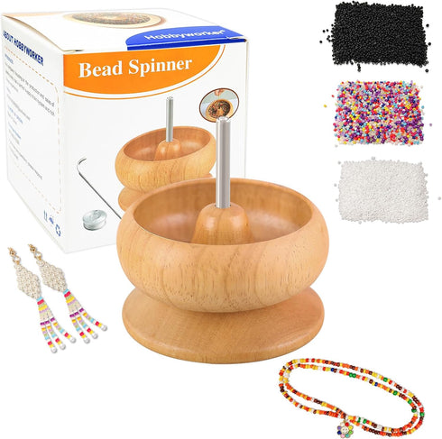 hobbyworker The Upgrade Version Wooden Bead Spinner with 2 Pcs Big Needles,8000 Pcs Seed Beads and 1 Surprise Gift Pack for Jewelry Making Tools,Q...