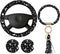 4 Pieces Black Moons White Stars Print Car Accessories Set Black Moons White Stars Steering Wheel Cover with 2 Pieces Car Cup Mats and Leather Key...