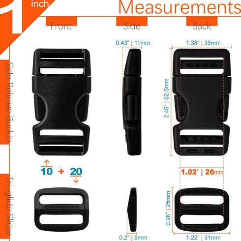 Buckles Straps Set 1 inch: 10 pack Side Release Plastic Buckle + 12 yard Nylon Webbing Strap + 20 pcs Tri-glide Slide Clip, Heavy Duty Quick Snap ...