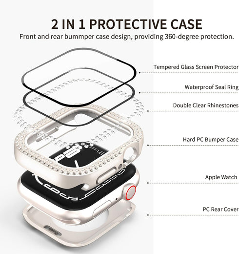2 in 1 Waterproof Bling Case Compatible for Apple Watch 40mm Screen Protector SE Series 6/5/4, Women Glitter Diamond Rhinestone Bumper Face Cover ...