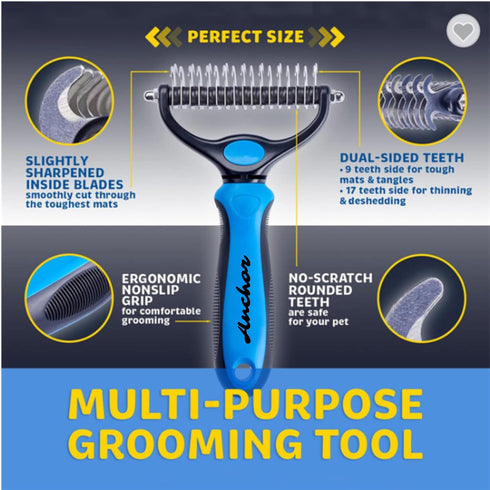 ANCHOR Pet Grooming Brush-Double Sided Shedding and Dematting Undercoat Rake Comb for Dogs and Cats, No More Nasty Shedding or Flying Hair (Blue),...
