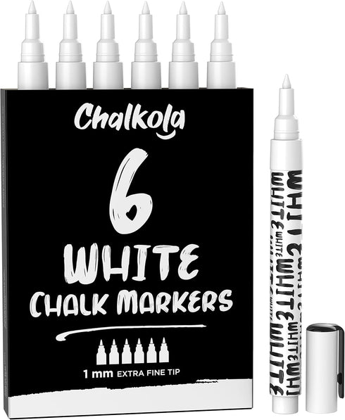 Chalkola White Chalk Markers - White Dry Erase Liquid Chalk Pens for Chalkboard, Blackboard, Window, Bistro, Car Glass, Board, Signs - 1mm Extra F...