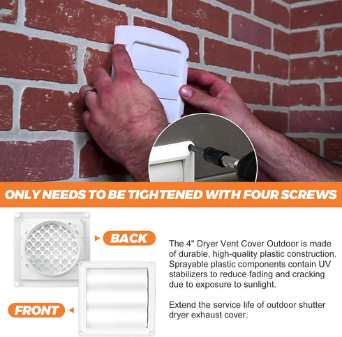 4" Louvered Dryer Vent Cover by Beaquicy - Outdoor White Exhaust Cap with Aluminum Built-in Pest Guard Screen & Screws for 4 Inch Opening Hood Duc...