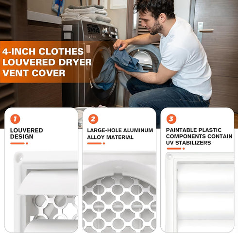 4" Louvered Dryer Vent Cover by Beaquicy - Outdoor White Exhaust Cap with Aluminum Built-in Pest Guard Screen & Screws for 4 Inch Opening Hood Duc...