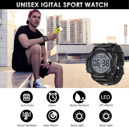 CakCity Mens Sports Watches Military Classic Stopwatch Large Dial Electronic LED Backlight Wristwatch 50M Waterproof Digital Watch for Mens with L...