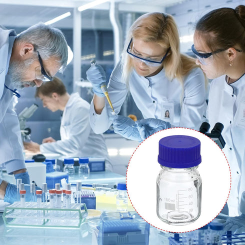 PATIKIL 100mL Reagent Media Bottle, 1Pcs Round Graduated Glass Storage Bottle Blue Screw Cap for Chemistry Lab Universities Home, Clear...