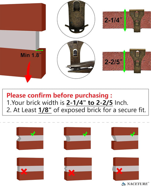 NACETURE Brick Hook Clips (8Pack) - Require More Than 1/8” Brick Wall Cement Gap., Fits 2-1/4 to 2-2/5 Inch Bricks Size...