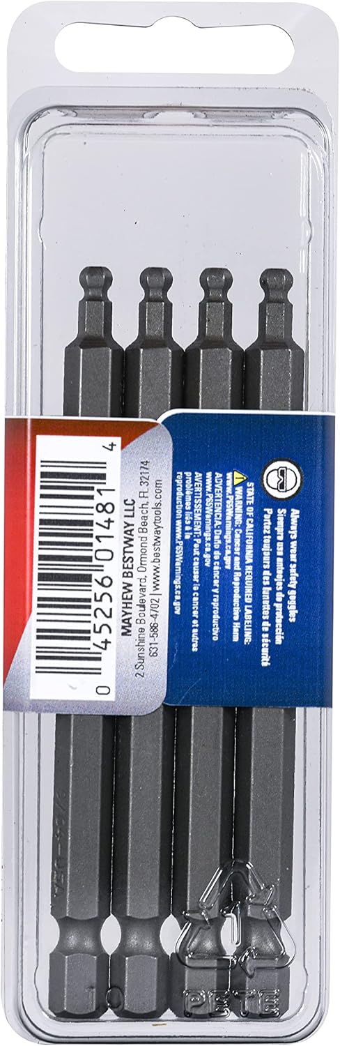Mayhew Tools 19518-4 USA SAE Ball Hex Power Bit, 9/64 x 3.5", 4-Pack...